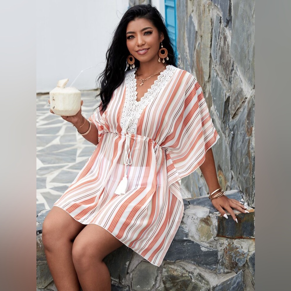 NWT Lace Trim Striped Swim Cover Up Kimono